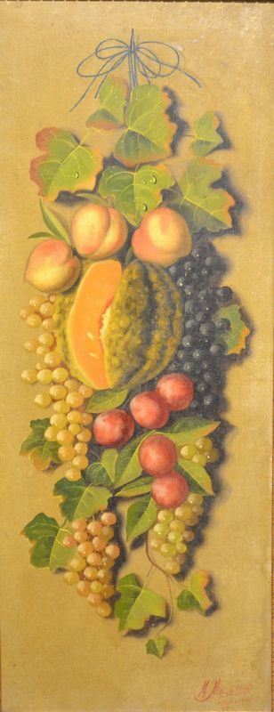 Michelangelo Meucci    (Firenze 1840 - 1909)    COMPOSIZIONE DI FRUTTA   olio su tela, cm 100x40   firmato e datato M. Meucci 1904 Firenze  - Asta Gioielli,  Argenti, Mobili, Oggetti d'arte e Dipinti - Poggio Bracciolini Casa d'Aste