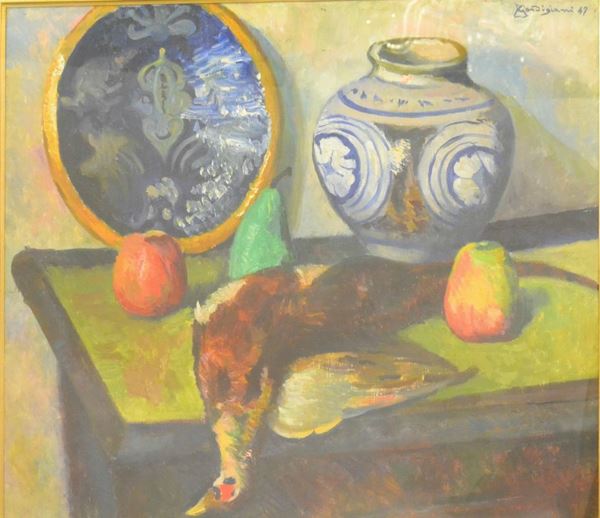 Edoardo Gordigiani   ( Firenze 1867-Popolano di Marradi 1961 )   NATURA MORTA    olio su tela, cm 62x71   firmato e datato 1947  - Asta Gioielli,  Argenti, Mobili, Oggetti d'arte e Dipinti - Poggio Bracciolini Casa d'Aste