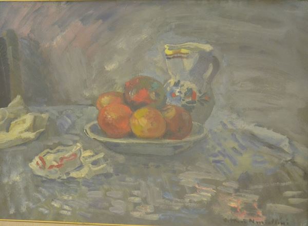Vittorio Nomellini   ( 1901-1965 )   NATURA MORTA   olio su tela, cm 50x70   firmato  - Asta Gioielli,  Argenti, Mobili, Oggetti d'arte e Dipinti - Poggio Bracciolini Casa d'Aste