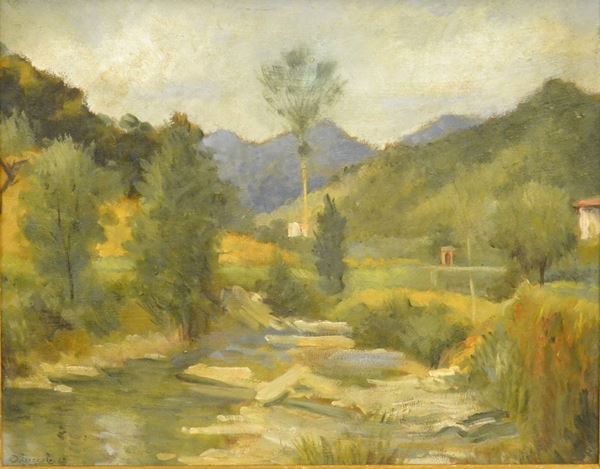 Oreste Zuccoli   ( 1889-1980 )  PAESAGGIO   olio su tavoletta, cm 41x52   firmato  - Asta Gioielli,  Argenti, Mobili, Oggetti d'arte e Dipinti - Poggio Bracciolini Casa d'Aste