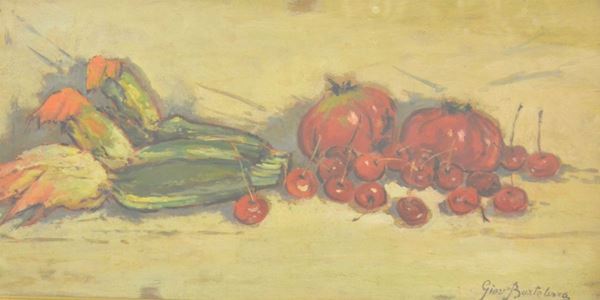 Giovanni Bartolena   ( Livorno 1866-1942 )   NATURA MORTA   olio su tavoletta, cm 28x56   firmato  - Asta Gioielli,  Argenti, Mobili, Oggetti d'arte e Dipinti - Poggio Bracciolini Casa d'Aste