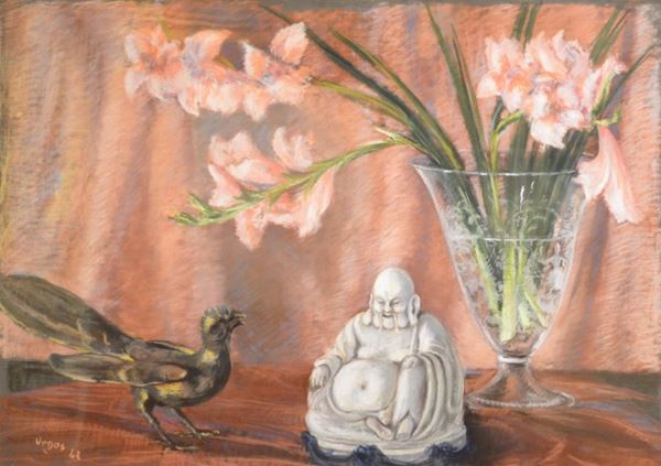 Scuola del sec. XX   NATURA MORTA CON FIORI   pastello su carta, cm 60x100   firmato e datato 43  - Asta Gioielli,  Argenti, Mobili, Oggetti d'arte e Dipinti - Poggio Bracciolini Casa d'Aste