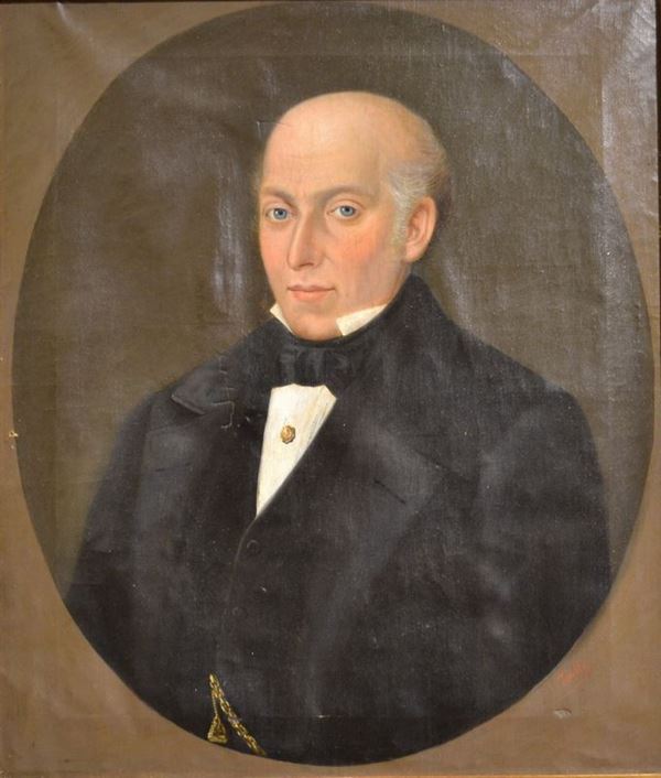 Scuola italiana, sec. XIX   RITRATTO MASCHILE    olio su tavola, cm 71x61  - Asta Gioielli,  Argenti, Mobili, Oggetti d'arte e Dipinti - Poggio Bracciolini Casa d'Aste
