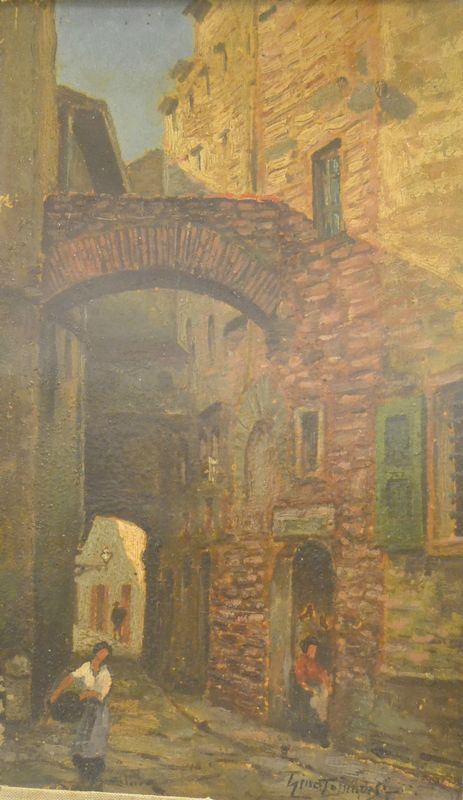 Gino Tommasi   ( 1880-1924 )   VICOLO DI PAESE CON FIGURE   olio su tela, cm 31x20  - Asta Gioielli,  Argenti, Mobili, Oggetti d'arte e Dipinti - Poggio Bracciolini Casa d'Aste