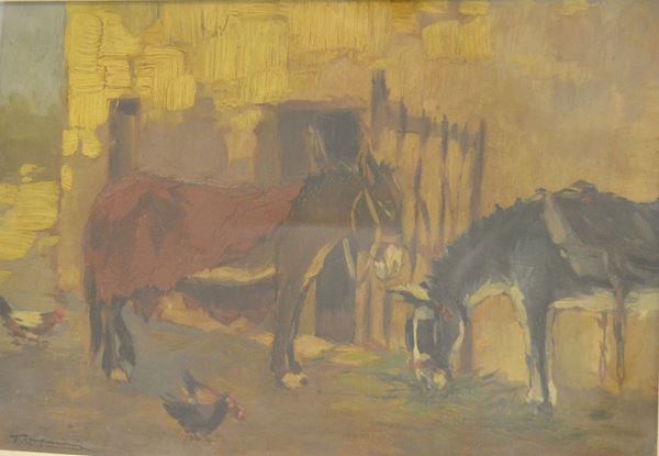 Giuseppe Comparini   ( Firenze 1894-1980 )   CAVALLI   olio su cartoncino, cm 23x34