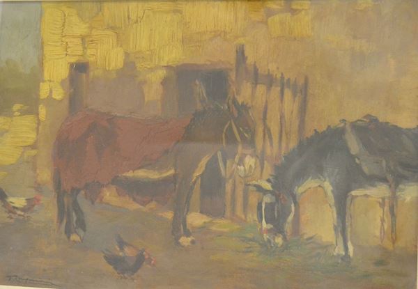 Giuseppe Comparini   ( Firenze 1894-1980 )   CAVALLI   olio su cartoncino, cm 23x34  - Asta Gioielli,  Argenti, Mobili, Oggetti d'arte e Dipinti - Poggio Bracciolini Casa d'Aste