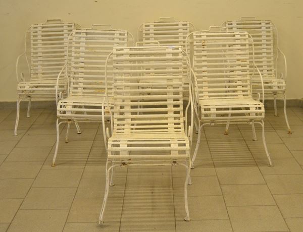 Sei poltroncine da giardino, sec. XX, in ferro battuto, conj schienale a ricciolo  (6)