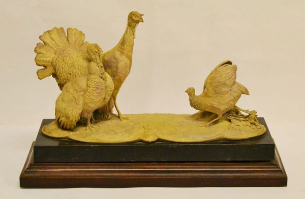 Scultura, manifattura Cacciapuoti, sec. XX, ANIMALI DA CORTILE, in terracotta su base di legno, cm 37x15x25