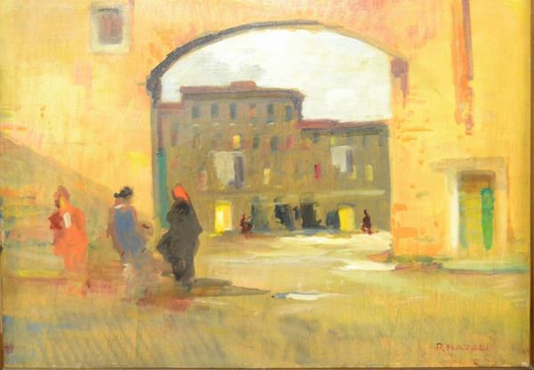 Renato Natali   ( Livorno 1883-1979 )   PAESE CON FIGURE   olio su tavoletta, cm 50x34