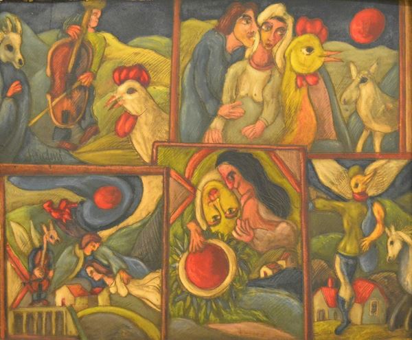 Giuseppe Serafini    (Montelupo Fiorentino 1915-1987 )   FIGURE CON ANIMALI   olio su cartone, cm 60x48