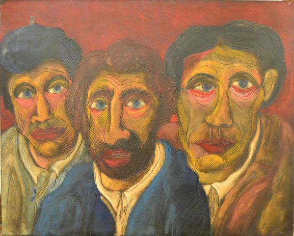 Giuseppe Serafini   (Montelupo Fiorentino 1915-1987 )   FIGURE MASCHILI   olio su cartone, cm 46x57