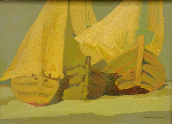Marcello Boccacci   (Firenze 1914-1996 )   BARCHE   olio su cartone, cm 32x43