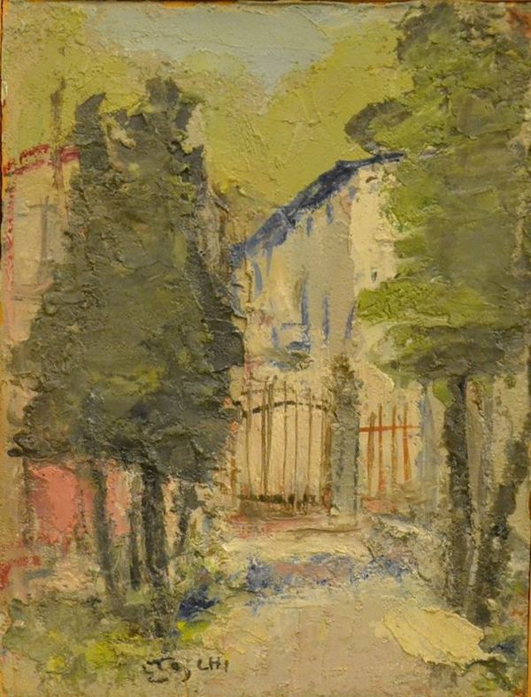 Ermanno Toschi   (Lugo 1906-Fiesole 1999 )   SCORCIO DI PAESE   olio su tavoletta, cm 17x22