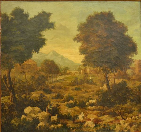 Scuola Italiana, sec. XIX   PAESAGGIO CON PASTORE E ARMENTI   olio su tela, cm 123x116