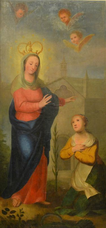 Scuola Italiana, sec. XIX   APPARIZIONE DELLA MADONNA DI CARAVAGGIO   olio su tela, cm 174x83
