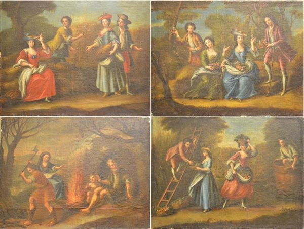 Scuola Italia settentrionale, sec. XVIII                                     LE QUATTRO STAGIONI                                                          quattro dipinti ad olio su tela, cm 94x120,5 ciascuno, senza cornice         (4)