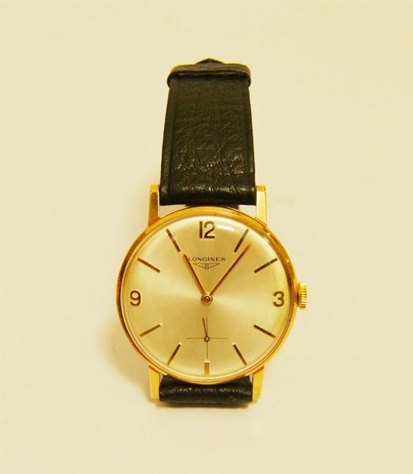 Orologio da polso per uomo anni 60, LONGINES, con cassa in oro e cinturino in pelle