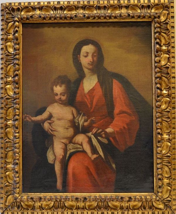 Scuola napoletana, sec. XVIII   MADONNA CON BAMBINO   olio su tela, cm 60x50 circa