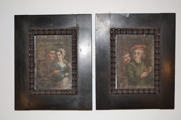 Scuola olandese, sec. XVIII   FIGURE DI POPOLANI  coppia di dipinti ad olio su tavoletta, cm 7,5x5 ciascuno   sul retro di entrambi etichetta con iscrizione  Van Hoven Ã  Anversa (2)