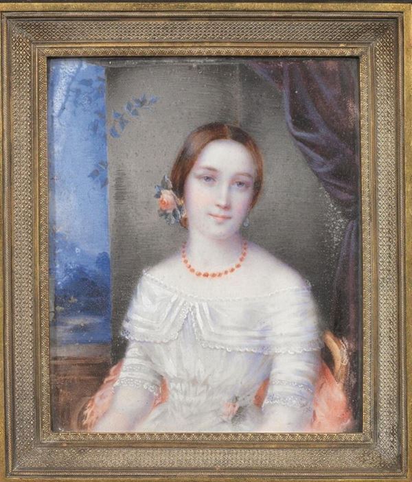 Scuola italiana, inizi sec. XIX,   RITRATTO DI GIOVANE GENTILDONNA   miniatura su avorio, cm 9,5x8