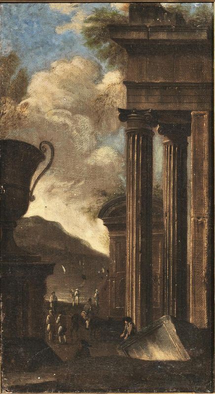Scuola Italia settentrionale, sec XVII-XVIII  PAESAGGIO CON ROVINE CLASSICHE E FIGURE coppia di dipinti ad olio su tela, cm 50x27,5 ciascuno