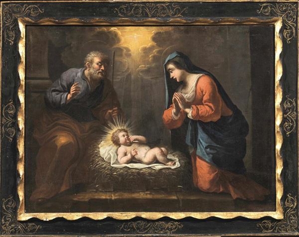 Scuola Italia settentrionale, fine sec. XVII-inizi XVIII   ADORAZIONE DEL BAMBINO  olio su tela, cm 85,5x115