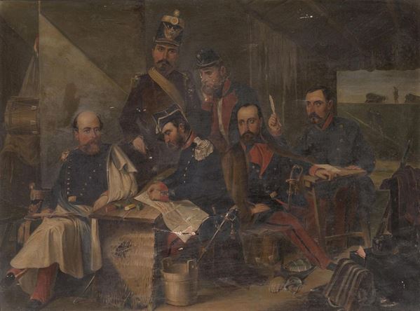 Scuola emiliana sec. XIX  VOLONTARI ROMAGNOLI DEL MAGGIOR PIANCIANI ALLA DIFESA DI VENEZIA 1848   olio su tela, cm 43x58   Il dipinto Ã¨ corredato da fotografia dell'epoca, che ritrae lo stesso      dipinto, con indicati i nomi dei personaggi raffigurati.