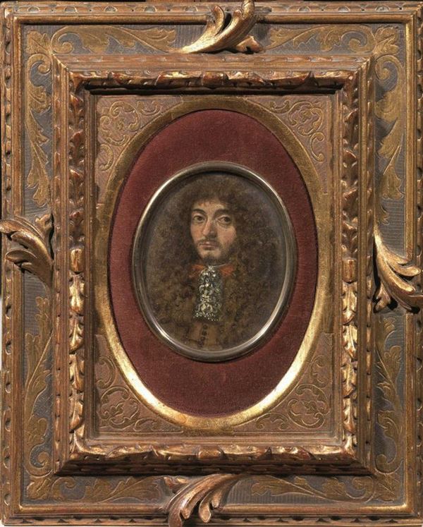 Scuola bolognese, sec. XVIII   RITRATTO DI GENTILUOMO   olio su rame, diam. cm 9