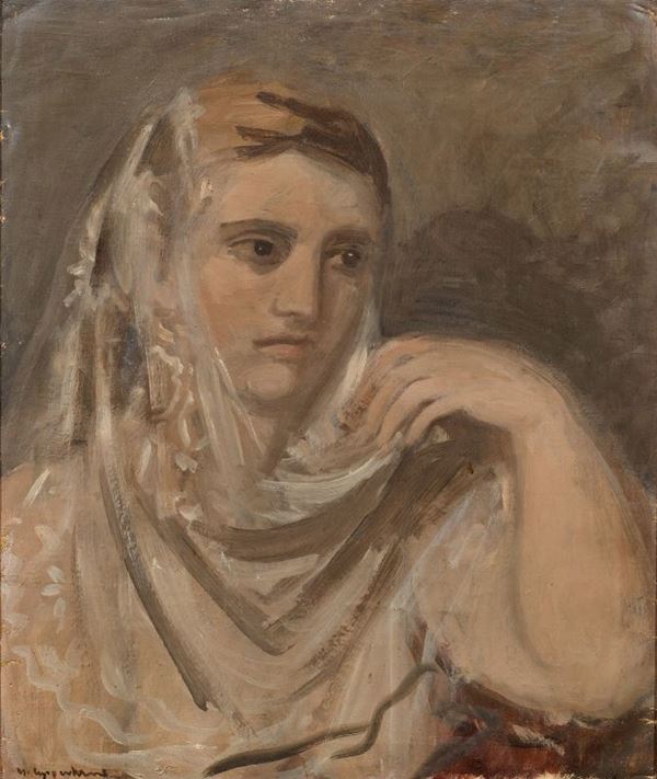 Ugo Capocchini   (Barberino Val d'Elsa 1901 - Firenze 1980)  DONNA CON VELO olio su tela, cm 60x50     firmato