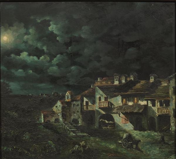 Andrea Landini    (Firenze 1847 - 1912)    PAESAGGIO NOTTURNO olio su compensato, cm 78x86   firmato