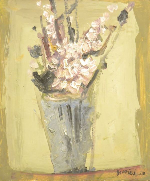 Sergio Scatizzi    (Gragnano 1918 - Firenze 2009)  VASO DI FIORI     olio su faesite, cm 38x30    firmato e datato 50