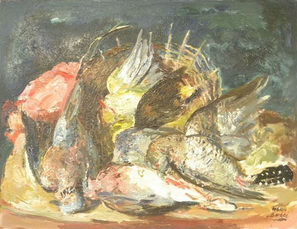 Mario Bucci   (1903-1970)   NATURA MORTA CON CACCIAGIONE  olio su tela, cm 50x65  - Asta Gioielli, Argenti, Orologi, Antiquariato e Collezionismo - Poggio Bracciolini Casa d'Aste