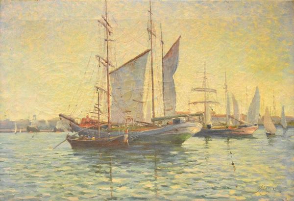 Rutilio Muti   (Vicchio 1904-1995)   MARINA CON BARCHE   olio su tela, cm 59x85