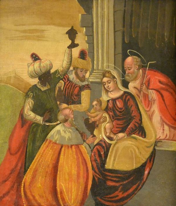 Scuola Veneto Cretese, sec. XVIII   ADORAZIONE DEI MAGI   olio su tavola, cm 40x35
