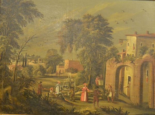 Maniera della pittura veneta del Settecento   PAESAGGIO CON CONTADINI  olio su tela, cm 93x124