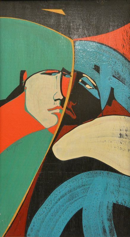 Alfio Rapisardi   (Firenze 1929)  SOGGETTO ASTRATTO   olio su tavoletta, cm 70x40