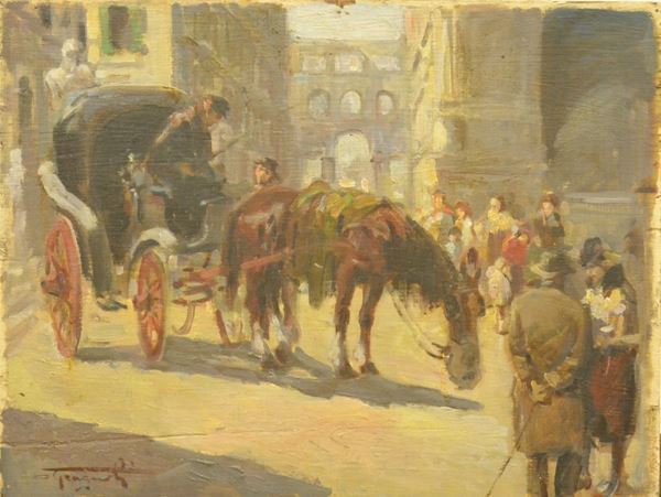 Ovidio Gragnoli   (1893-1953)  CAVALLO CON CARROZZA   olio su tavoletta, cm 34x44