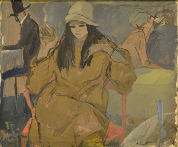 Bruno Paoli   (1915-1953)  RAGAZZA AL CAFFE'  olio su tela, cm 50x60