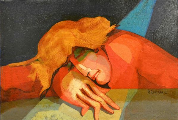 Alfio Rapisardi   (Firenze 1929)   DONNA CHE DORME   olio su tela, cm 35x50