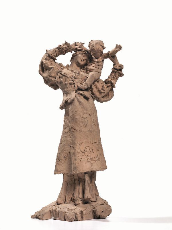 Scuola napoletana, sec. XIX, scultura in terracotta raffigurante madre con bambino, alt. cm 33, mano sinistra con restauro e mano destra con lievi mancanze