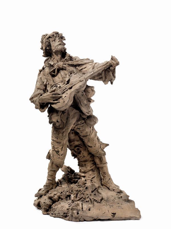 Scuola napoletana, sec. XIX, scultura in terracotta raffigurante suonatore di chitarra, alt. cm 30