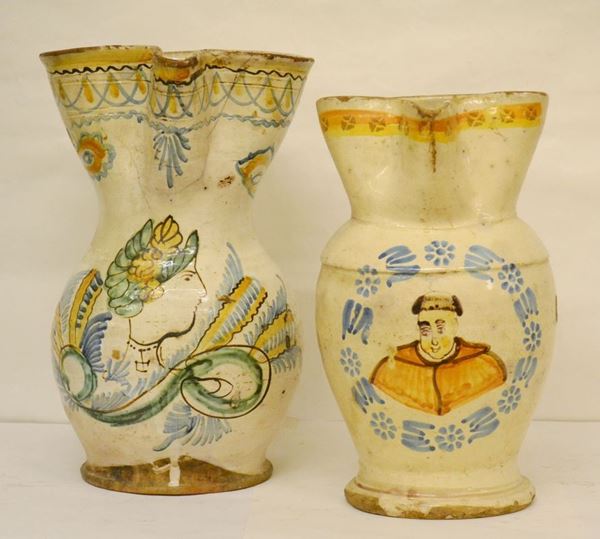 Due anfore, Italia meridionale, sec. XIX, in maiolica decorata, difetti e mancanze (2)