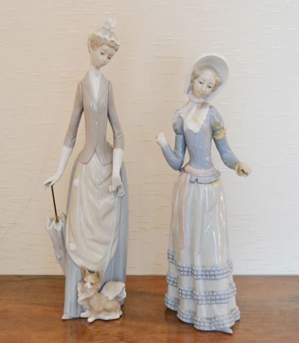Due statuine, sec. XX, in porcellana, manifattura LLADRO, raffiguranti FANCIULLE, una da restaurare (2)