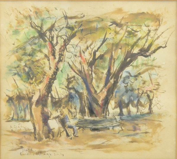 Raffaele De Grada   ( 1885-1957 )   I GIARDINI DEL LAGO   tempera su carta, cm 27x30