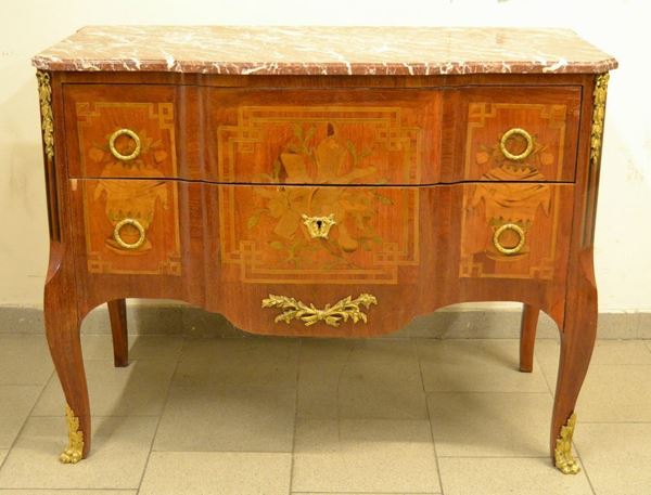 Cassettone, stile Luigi XV, in noce intarsiato con frontale sagomato, due cassetti, piano in marmo, gambe mosse, cm 110x54x84