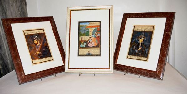 Tre acquarelli orientali su carta, raffiguranti FIGURE, cm 21x12 (3)  - Asta Gioielli, Argenti, Orologi, Antiquariato e Collezionismo - Poggio Bracciolini Casa d'Aste
