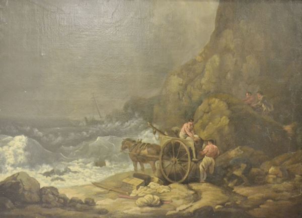 Scuola Inglese, sec. XVIII,   NAUFRAGIO,   olio su tela, cm 76x105,   firmato