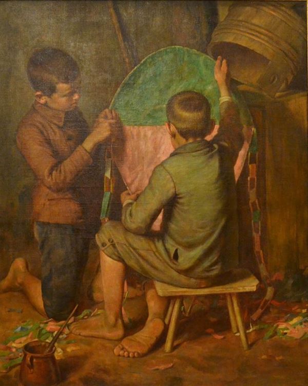 Scuola Italiana, sec. XIX,   BAMBINI CON AQUILONE,   olio su tela, cm 120x96,  firmato