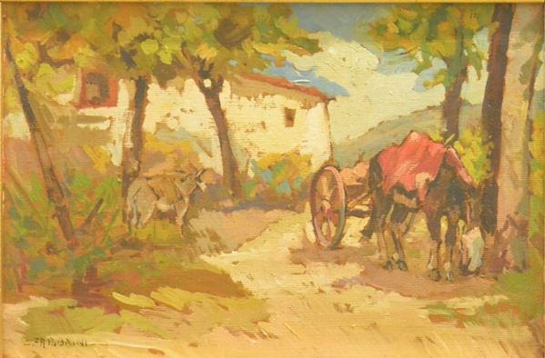 Carlo Fabbrini   CASOLARE CON CAVALLO E ASINO   olio su tela, cm 32x21