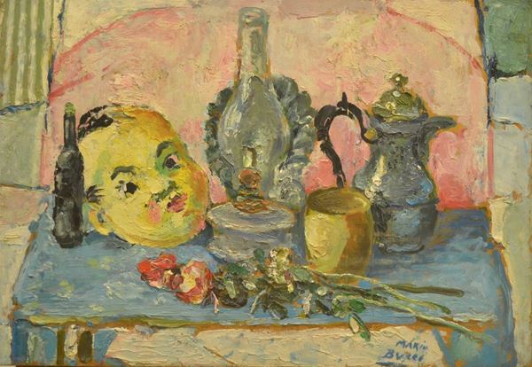 Mario Bucci   (1903-1970) NATURA MORTA CON MASCHERA   olio su compensato, cm 45x36